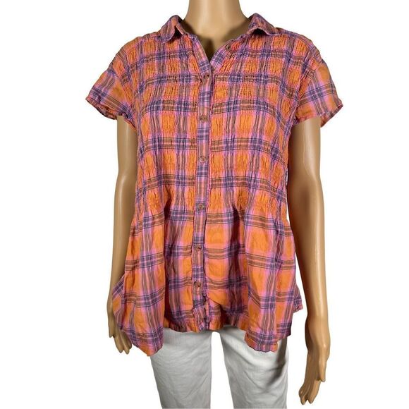 Anthropologie Women's Collared Buttons Front Short Cap Sleeve Plaid Blouse - Picture 1 of 6